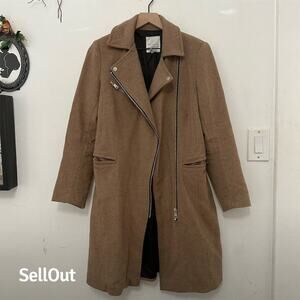 Avec Les Filles Women's Tan Wool Blend Pea Coat Size S Long Moto Detail